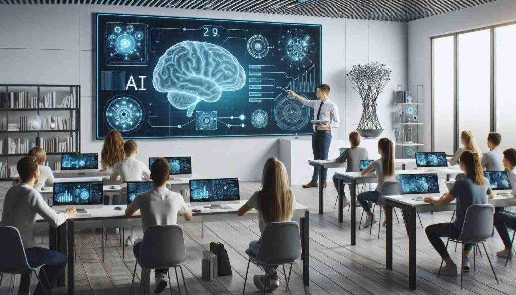 AI educator teaching artificial intelligence concepts in a tech-enabled classroom, showcasing AI certification benefits.