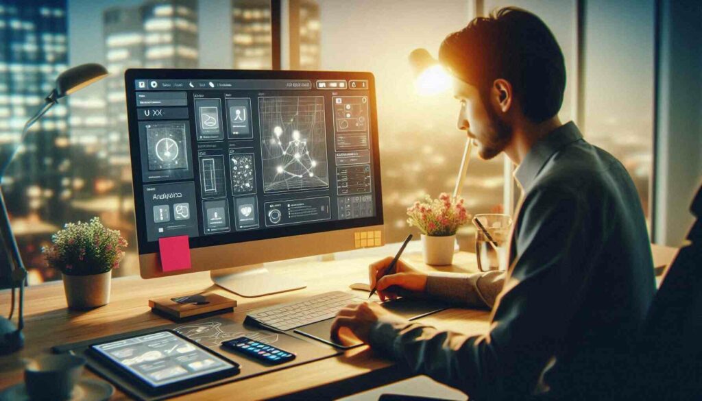 AI-powered UX designer working on interface designs with user data analytics on screen in a modern office setting.