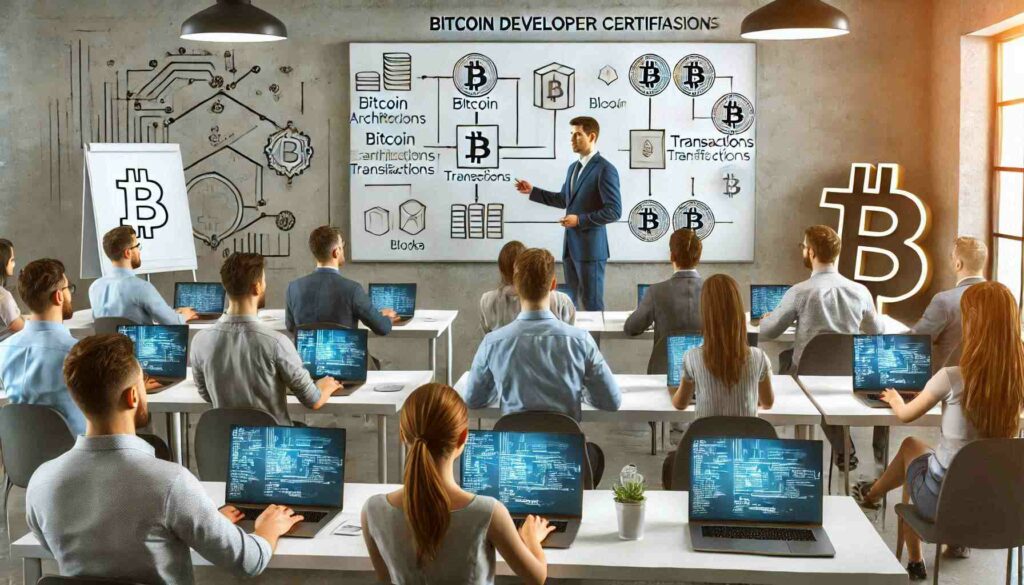 A group of professionals attending a Bitcoin Developer Certification training session, learning about Bitcoin’s blockchain.

