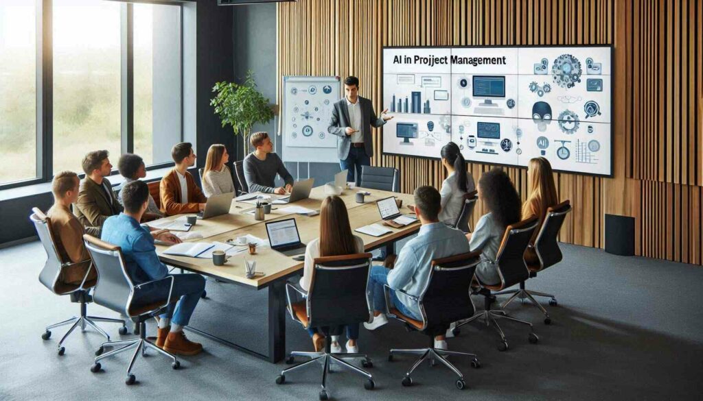 A team of professionals attending a training session on AI project management tools and techniques to improve project outcomes.

