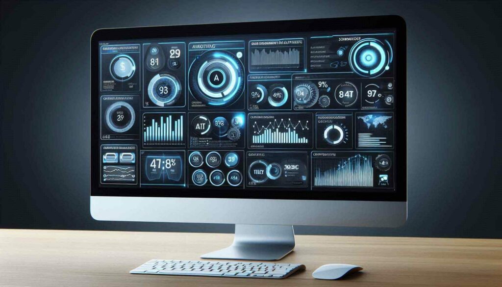 A computer screen showcasing an AI marketing software dashboard with real-time data analytics.