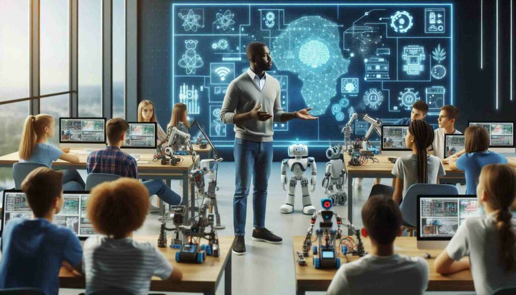  "AI robotics instructor teaching students about AI and robotics in a modern classroom setting for an AI Robotics Certification Course."