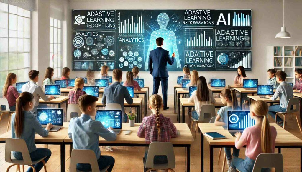 "Modern classroom showcasing AI teaching tools certification in action, with diverse students using AI-powered devices and a teacher guiding them with a holographic assistant."


