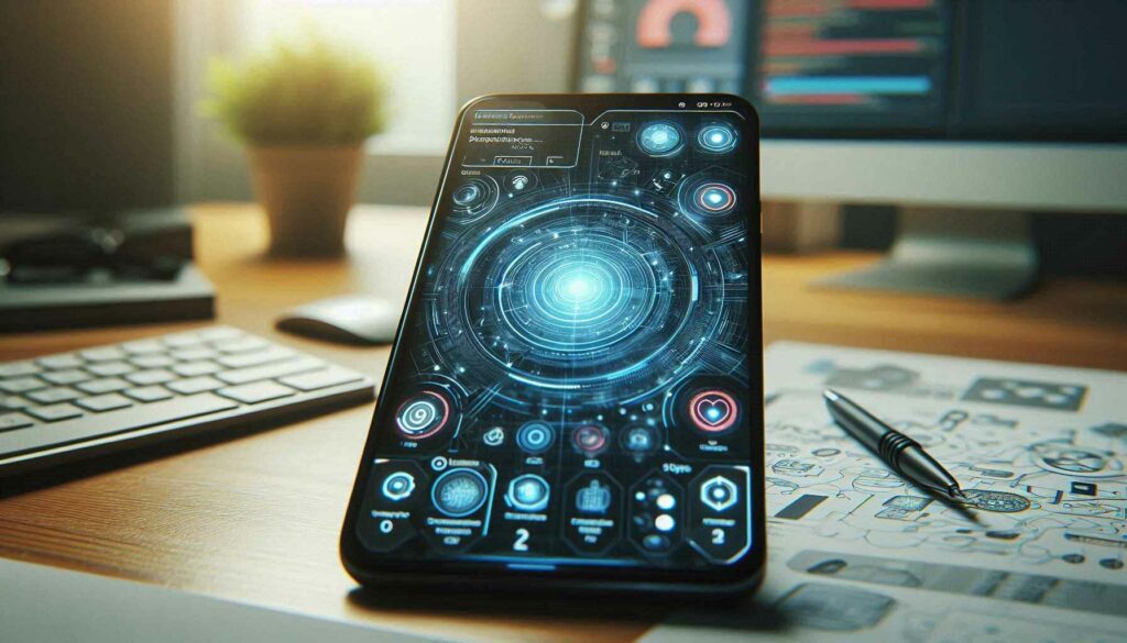 A futuristic mobile interface designed using AI, reflecting skills taught in an AI UX course.