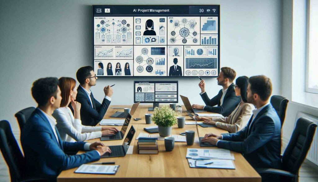 A virtual team meeting discussing AI-powered project management strategies to drive successful project execution.

