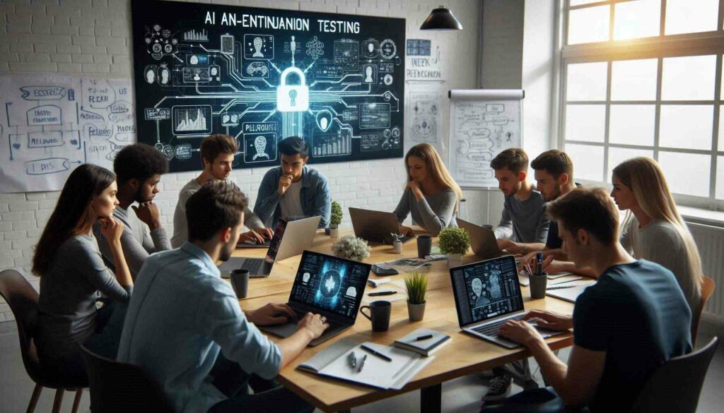 "A group of students collaborating on AI-driven penetration testing projects during an Advanced AI Ethical Hacking Course."

