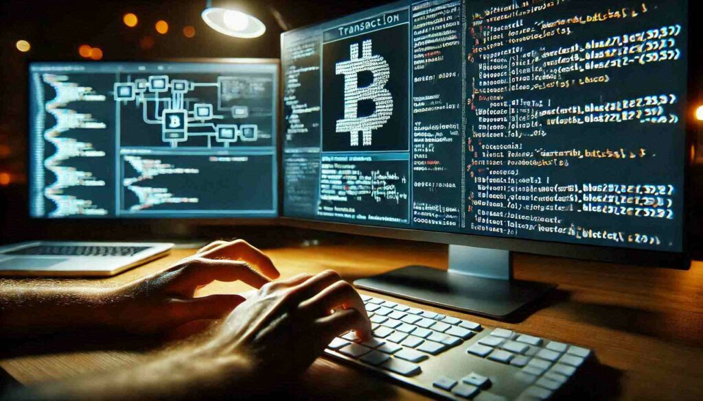 A close-up of a Bitcoin developer coding Bitcoin transactions, an essential skill for a Bitcoin Developer Certification.

