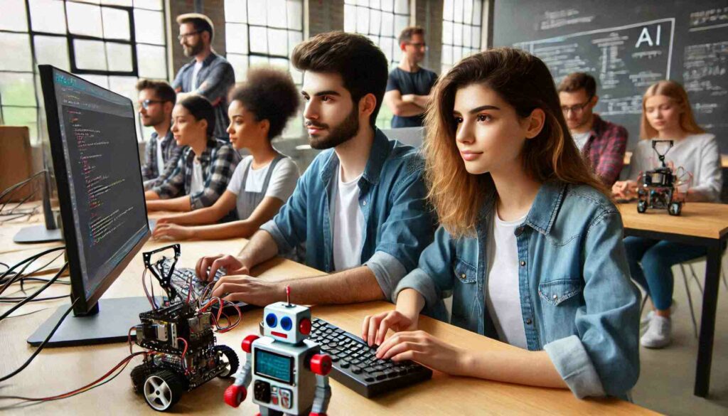 "Diverse students programming AI robotics software during a hands-on workshop as part of an AI Robotics Certification Course."