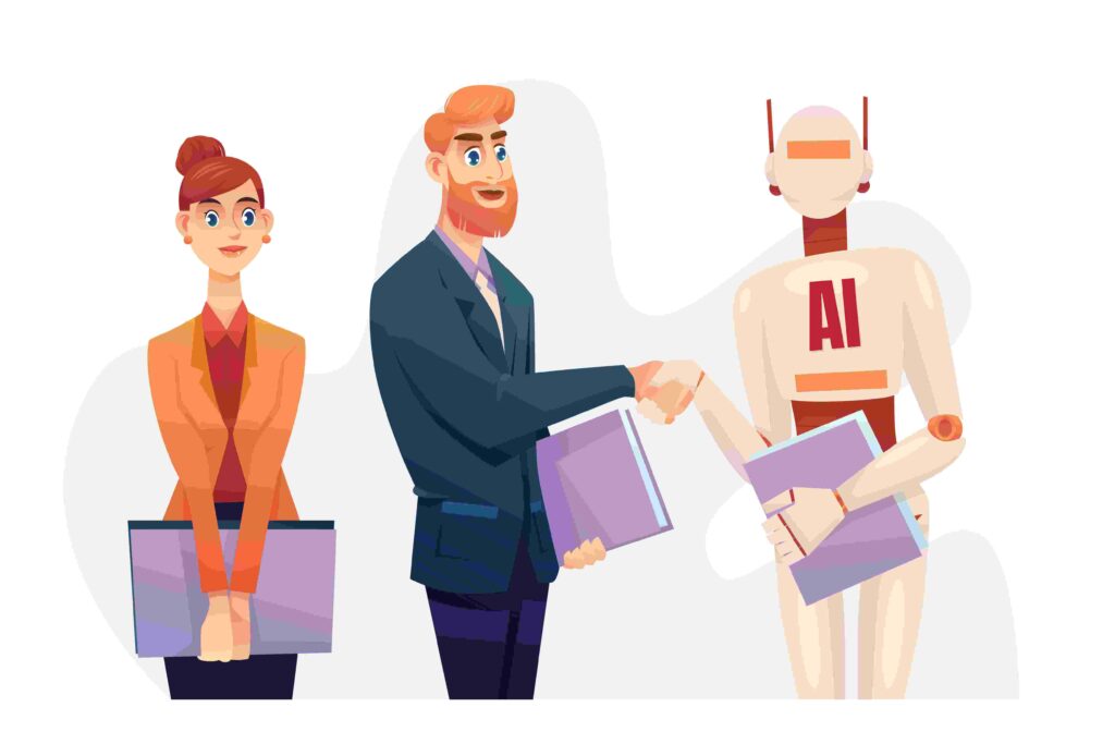 An AI robot shaking hands with a businessman, symbolizing human-AI collaboration, with a woman holding a folder nearby