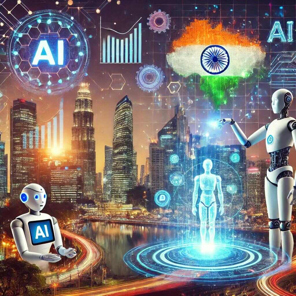 AI-powered robots and holograms with India's flag, symbolizing India's role in AI advancement.