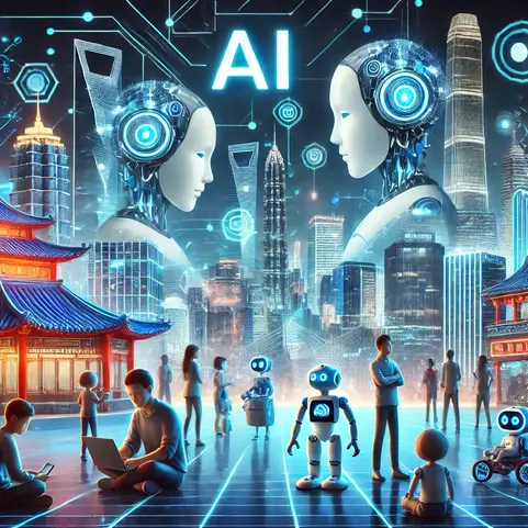 A futuristic digital illustration showcasing the AI boom in China. The image features advanced AI-powered chatbots interacting with users on large digital screens, intelligent robotic toys engaging with children, and a high-tech cityscape in the background symbolizing AI-driven innovation. The glowing blue and neon lights emphasize technological progress, representing China’s leadership in artificial intelligence.