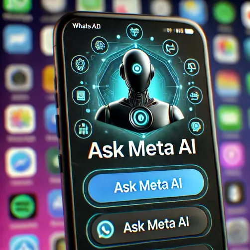 A smartphone home screen displaying the new WhatsApp Meta AI widget labeled 'Ask Meta AI'. The widget has a sleek, futuristic design with an AI icon and text input field, seamlessly integrated among other app icons. AI-generated group icons showcase customization options.