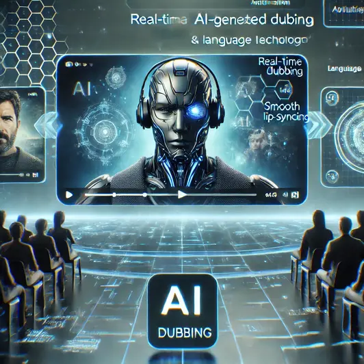 A digital streaming platform interface demonstrating AI-based dubbing, with a movie scene dubbed in multiple languages and an AI system processing speech patterns in the background image