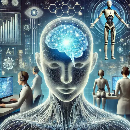  A futuristic illustration depicting an advanced AI system evolving toward human-level intelligence. The image features a humanoid AI with a transparent head, revealing a glowing neural network. Scientists in a high-tech research lab analyze AI models, surrounded by holographic data, robotic arms, and quantum computing elements. The color scheme blends blue and silver, symbolizing intelligence and technology.