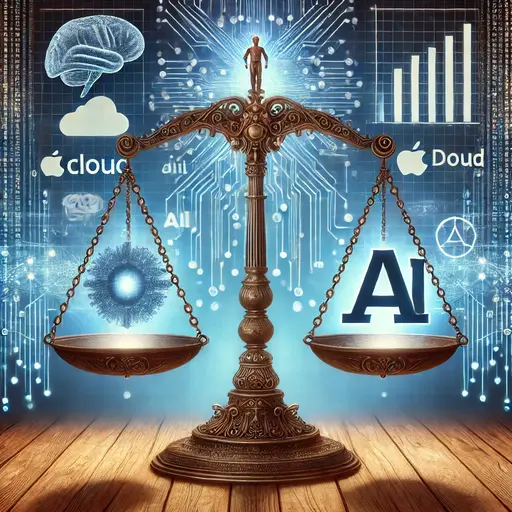 A digital illustration depicting a balance scale with traditional tech giants and cloud service providers on one side, and emerging software-centric AI companies on the other. The scale symbolizes the shifting dynamics in the AI industry, with a futuristic backdrop of digital networks and financial charts.