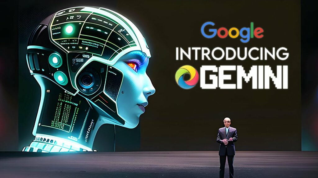 The image features a futuristic AI-inspired humanoid with a sleek, cybernetic design, glowing blue skin, and digital interfaces embedded in its head. The humanoid has a camera-like eye and displays data streams on its body, giving it an advanced, robotic look. On the right side of the image, there is a large screen displaying the text "Google Introducing Gemini," with the Google logo and a colorful swirl representing the Gemini branding. A small, bald man in a formal suit stands on the stage, seemingly presenting the AI technology. The image has a sci-fi aesthetic, with a focus on artificial intelligence and futuristic innovation.